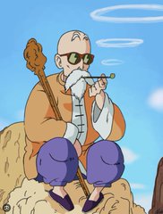 An anime-style illustration of Master Roshi from Dragon Ball, depicted as an elderly bald man with a white beard, sunglasses, holding a wooden staff, and wearing a tan robe over purple pants.