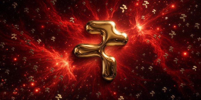 A metallic gold abstract sculptural form floats against a deep red cosmic background filled with glowing stars and small scattered shapes.