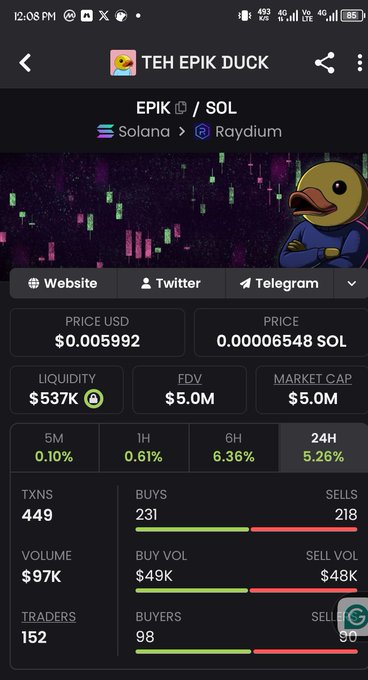 A mobile app screen showing the Solana token 'TEH EPIK DUCK' (EPIK/SOL) with a price of $0.005992, market cap of $5.0M, and liquidity of $537K.