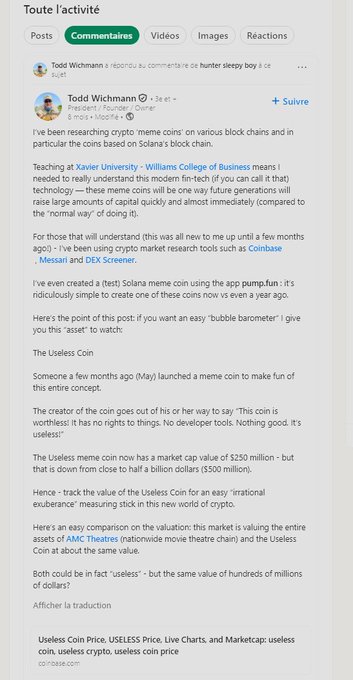 Todd Wichmann's LinkedIn post discussing meme coins on Solana's blockchain, specifically referencing AMC Theaters/Useless Coin as a bubble barometer.