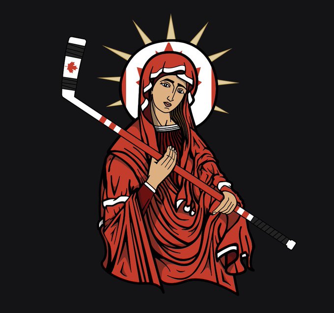 A stylized digital illustration of a religious female figure in red robes with a halo, holding a hockey stick with a Canadian flag design.