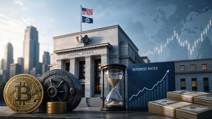 A digital illustration showing the Federal Reserve building alongside a Bitcoin coin, vault, hourglass, stacks of cash, and a chart labeled 'INTEREST RATES' with an upward arrow.