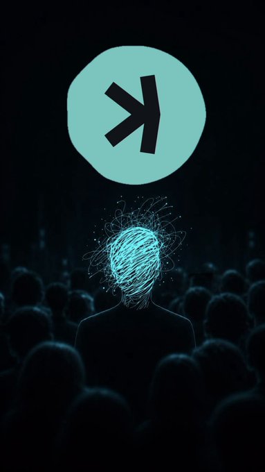 A dark illustration showing a silhouetted figure with a glowing scribble where the head would be, with a light blue circular icon containing the letter 'K' floating above.