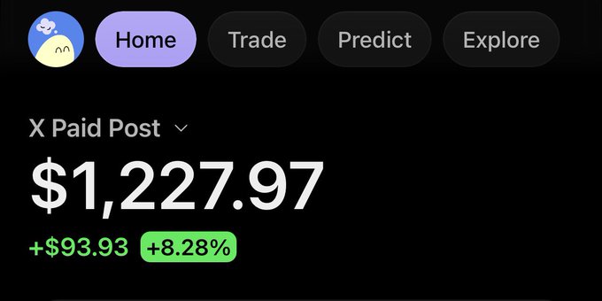 A dark-themed app interface showing navigation buttons (Home, Trade, Predict, Explore) with a portfolio value of $1,227.97, up $93.93 (+8.28%) marked as 'X Paid Post'.