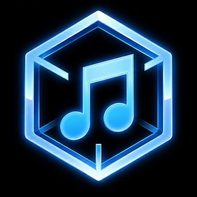 A glowing blue hexagonal logo featuring a musical note on a black background.