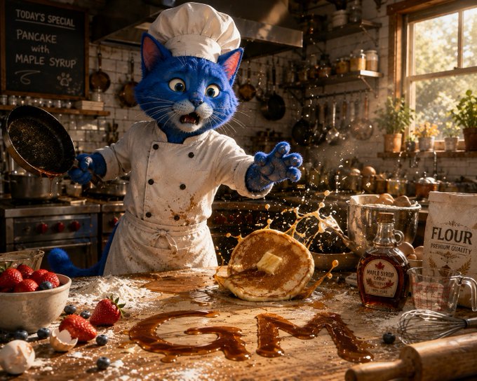 An AI-generated image of a blue cat wearing a chef's hat and uniform, flipping pancakes in a kitchen with a chalkboard reading 'TODAY'S SPECIAL PANCAKE with MAPLE SYRUP'.
