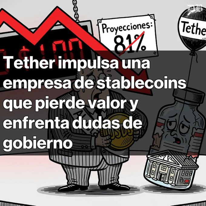 A Spanish-language graphic with text reading 'Tether impulsa una empresa de stablecoins que pierde valor y enfrenta dudas de gobierno,' accompanied by cartoon illustrations of a man with a coin, a declining chart, and a bottle labeled 'USDC.'