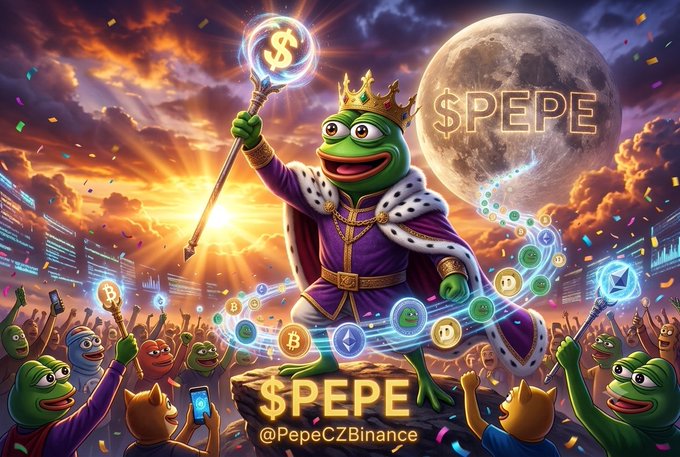 A vibrant digital illustration depicts a crowned Pepe the Frog king holding a scepter topped with a dollar sign, surrounded by a crowd, with '$PEPE' and '@PepeCZBinance' text visible.