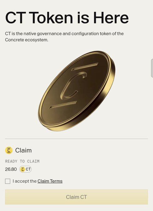A promotional webpage for the 'CT Token' describing it as the native governance token of the Concrete ecosystem, featuring a gold coin with a stylized 'C' logo and a 'Claim CT' button offering 26.80 CT.