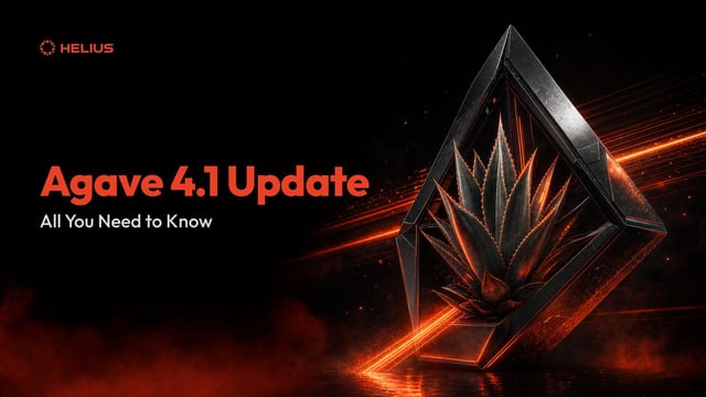 A promotional banner for 'HELIUS' announcing the 'Agave 4.1 Update' with the subtitle 'All You Need to Know', featuring a metallic diamond-shaped frame containing an agave plant against a dark background with red light streaks.