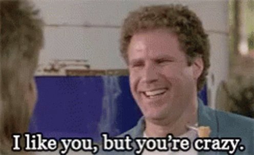 The image features a man with curly hair wearing a blue shirt, smiling at someone who has written "I like you, but you're crazy" above his head. The text appears to be part of an online conversation or social media post about the man's personality and how he makes people laugh.