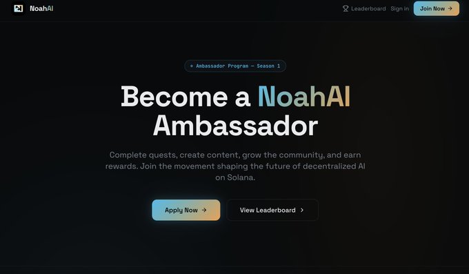 The image shows a website called "@ TryNoah AI", which appears to be an online platform where individuals can apply to become ambassadors for the Noah AI project. The website has a black background with white text, making it easy to read and understand. It features a button that says "Apply" on the left side of the screen, inviting users to submit their applications. The post mentions five spots available for application, which are currently being filled by individuals interested in becoming ambassadors for Noah AI.