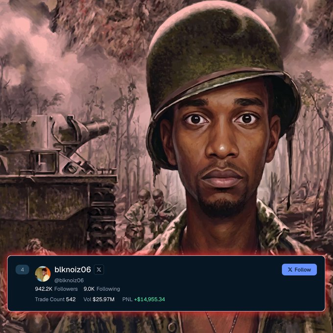 The image shows a man wearing a helmet looking down at the camera while a large image of a tank sits behind him with smoke coming out of its cannon. The post features text that says, "Blknoiz06 was up $118,000 in the Market Bubble Invitational Today. His portfolio sits at +$15k Down 
from its peak Ansem is currently long $105,000 from its peak Ansem is currently short 
let'S see if Elon will pull through". The image includes a link to the post as well.