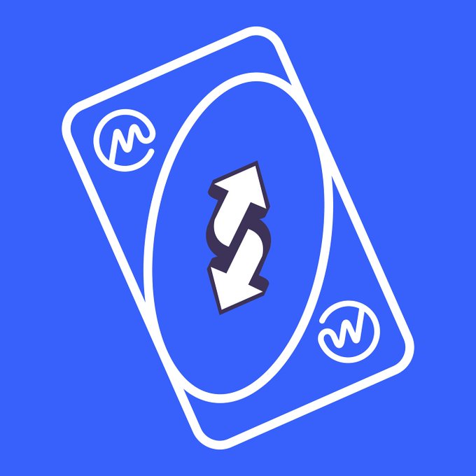 A tilted UNO Reverse card featuring a double-headed arrow and a "W" symbol is displayed on a blue background, visually representing the "cmc reverse" concept by symbolizing a reversal or flip of direction.