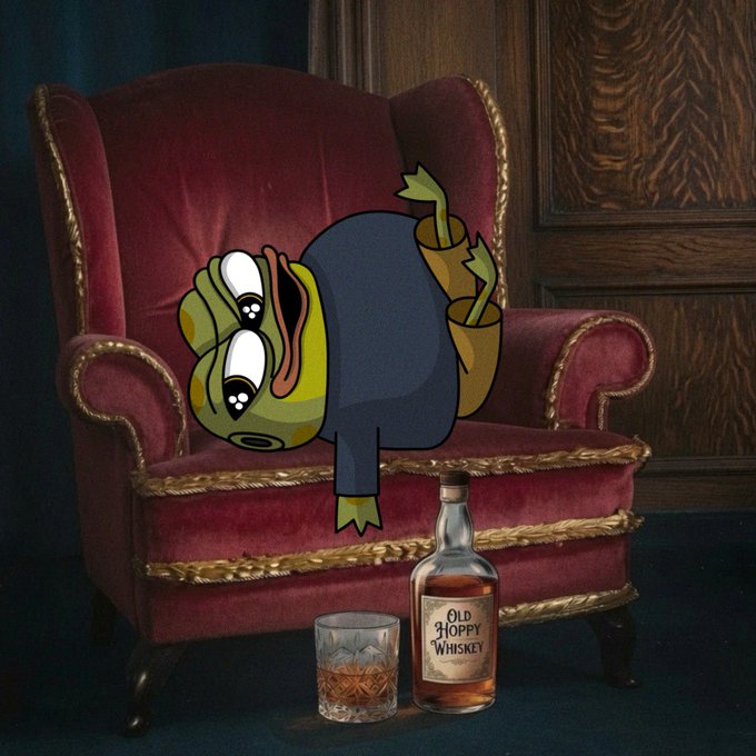 An animated green frog character in a suit slumped upside down on a red velvet armchair next to a bottle of 'Old Hoppy Whiskey' and a glass.