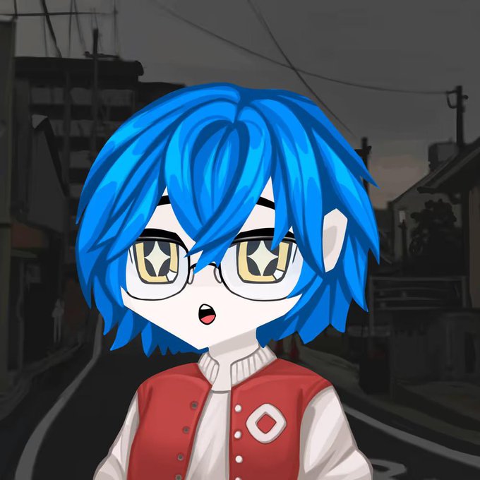 A chibi-style anime character with vibrant blue hair and glasses, wearing a red and white varsity jacket with a diamond logo, stands against a moody grayscale street backdrop. The post references "@monad," suggesting the artwork is shared on that platform, with no additional text or numbers visible in the image itself.