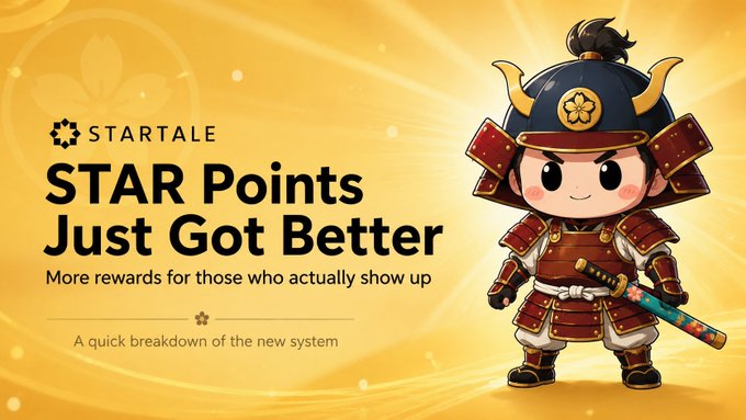 A promotional graphic for Startale with the headline 'STAR Points Just Got Better - More rewards for those who actually show up' featuring a cartoon samurai character.
