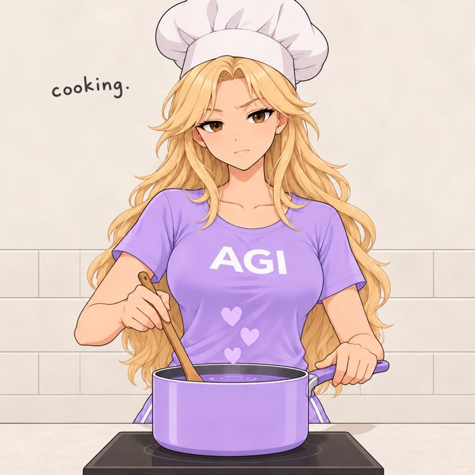 Anime-style illustration of a blonde woman in a chef's hat stirring a purple pot, wearing a lavender shirt that reads 'AGI' with pink hearts, labeled 'cooking.'