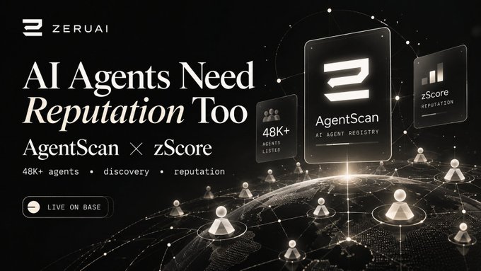 A promotional banner for Zeruai's 'AgentScan x zScore' registry on Base, advertising 'AI Agents Need Reputation Too' with 48K+ agents listed for discovery.