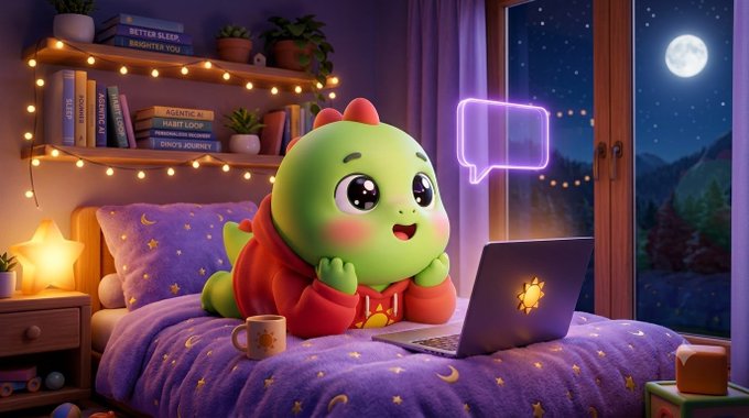 A 3D illustration shows a cute green dinosaur-like character in a red hoodie using a laptop on a bed in a cozy, star-lit bedroom at night.