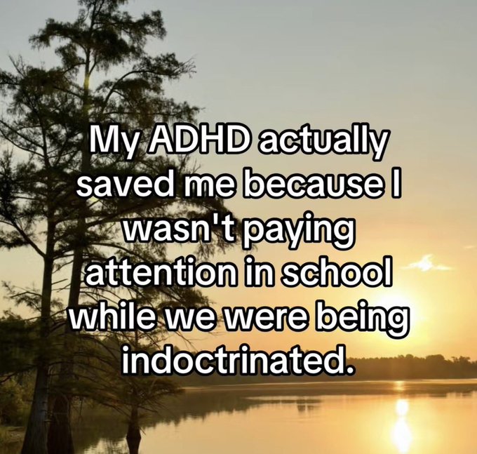 A meme image with a sunset over a lake displays the text: "My ADHD actually saved me because I wasn't paying attention in school while we were being indoctrinated."