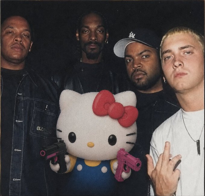 Four men pose behind a Hello Kitty plush holding pink and black guns, in a reference to the "San Junipero" meme where Eminem, Snoop Dogg, Ice Cube, and Eminem are parodied as "Hello Kitty" ready to "kill" — matching the post's lyrics warning not to mess with $KITTY or she'll "fucking kill you."