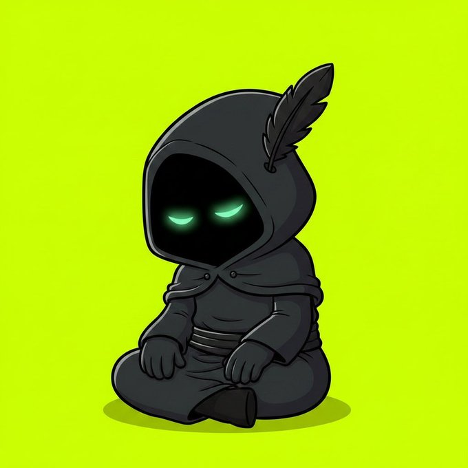 A chibi-style hooded figure with glowing green eyes and a black feather sits cross-legged against a neon green background, evoking a mysterious, ominous mood that complements the cryptic, last-moments-before-mint teaser for the "hoo" collection on OpenSea.