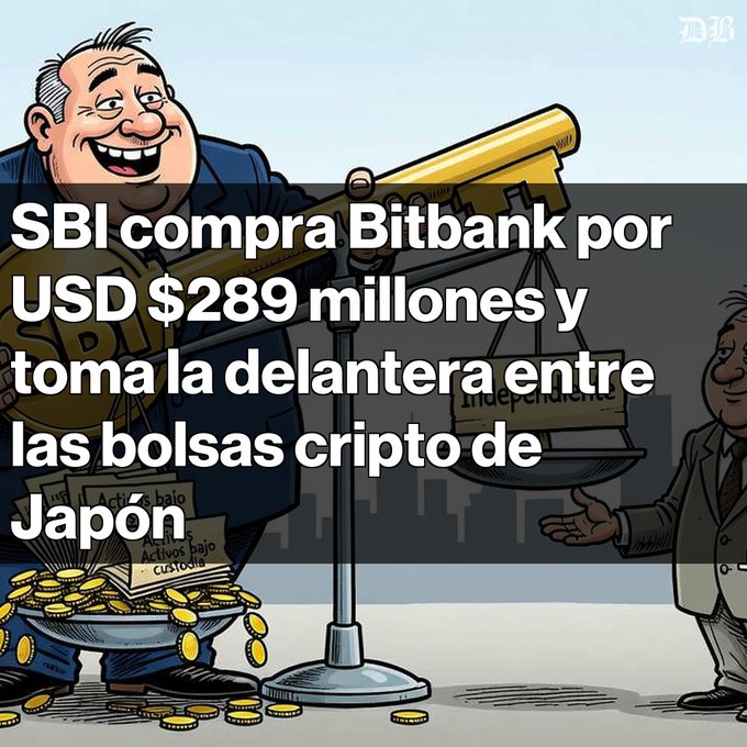 A cartoon illustration depicts a wealthy man weighing coins on a scale, accompanied by Spanish text reading 'SBI compra Bitbank por USD $289 millones y toma la delantera entre las bolsas cripto de Japón'.