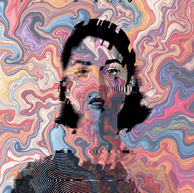 A distorted, psychedelic digital artwork of a woman's face with glitch effects against a swirling, multicolored background.