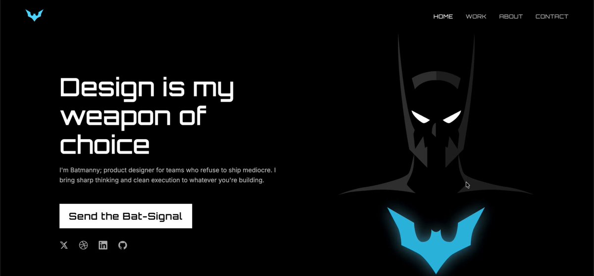 The image features a website with a black background that displays an illustration of Batman, the superhero from the Batman series. The website has a white header and footer, and there are two buttons located at the bottom right corner. The text on the website reads "Design is my weapon of choice", which suggests that the designer focuses on creating user-friendly and intuitive experiences for their users.