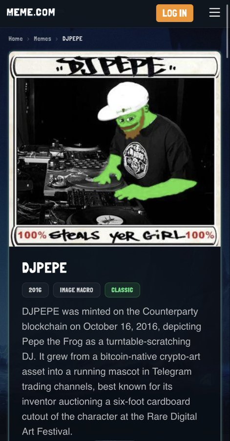 A webpage on MEME.COM profiling the "DJPEPE" classic 2016 image macro, describing it as a Counterparty blockchain-minted crypto-art asset depicting Pepe the Frog as a DJ.