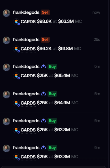 A dark-themed crypto trading activity feed showing a user named "frankdegods" executing multiple buy and sell orders on the token "CARDS" at various market caps ranging from $61.8M to $65.4M.