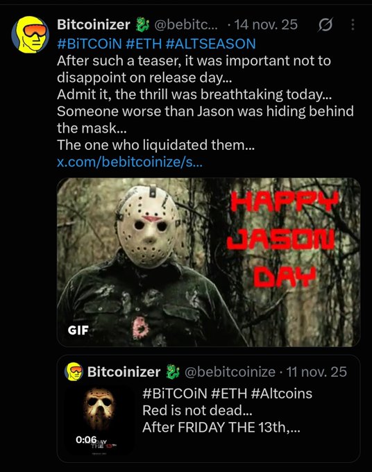 A screenshot of an X (Twitter) post by 'Bitcoinizer' (@bebitc...) referencing #BITCOIN, #ETH, and #ALTSEASON, featuring a Jason Voorhees mask image with the text 'HAPPY JASON DAY' over a forest background.