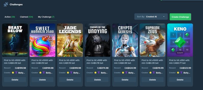 The image displays a "Challenges" page on Duelbits featuring active wagering challenges with prize pools ranging from CA$23.99 to CA$399.98, including games like "BEAST BELOW," "SWEET BONANZA 2500," "JADE LEGENDS," "CROWN OF THE UNDYING," "CRYPTO GENESIS," "SUPREME ZEUS," and "KENO." All challenges were created by user "Bally_," matching the promotional post inviting users to complete casino challenges with code BALLY for a chance at the $25 giveaway.