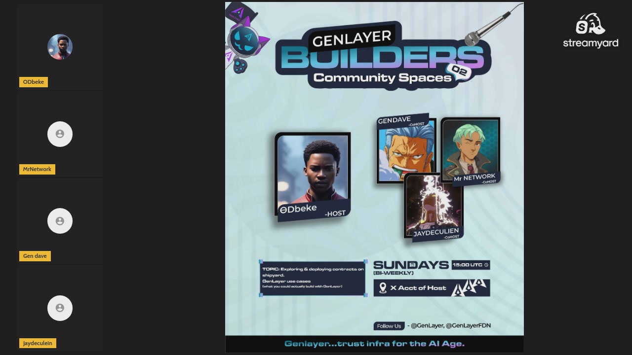 The image shows a screenshot of a website's homepage displaying various information related to an online game called "genlayer builders". The screen highlights different characters, including a character wearing a blue shirt with a microphone, representing one player joining the event; another character in green standing near the center is an AI-generated character, likely representing a newbie or beginner participant. Additionally, there are three smaller images of characters surrounding the main image: two on the left and one on the right side. The overall layout and presence of these key elements emphasize that this online game involves live streaming sessions where players can learn how to build various apps.