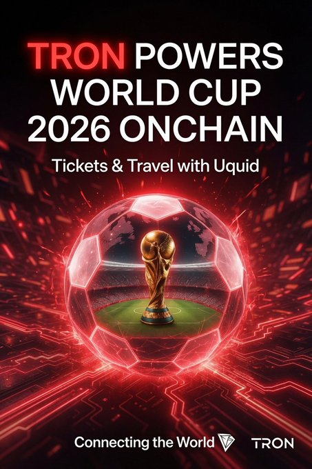 The image features a soccer ball with a trophy inside, surrounded by red neon lights that create an intense atmosphere. The background shows a stadium filled with people watching a soccer match. The text on the poster reads "TRON POWERS WORLD CUP 2026 ONCHAIN TICKETS & TRAVEL WITH UGIID". This suggests that the image is promoting a worldwide event, possibly the World Cup, and highlights the use of blockchain technology to facilitate transactions and travel experiences related to the event.