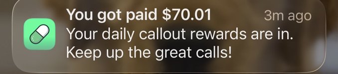 A mobile push notification from the Pumpfun app displays "You got paid $70.01" with the message "Your daily callout rewards are in. Keep up the great calls!" received 3 minutes ago, supporting the post's claim of distributing daily callout rewards to a mobile app user.