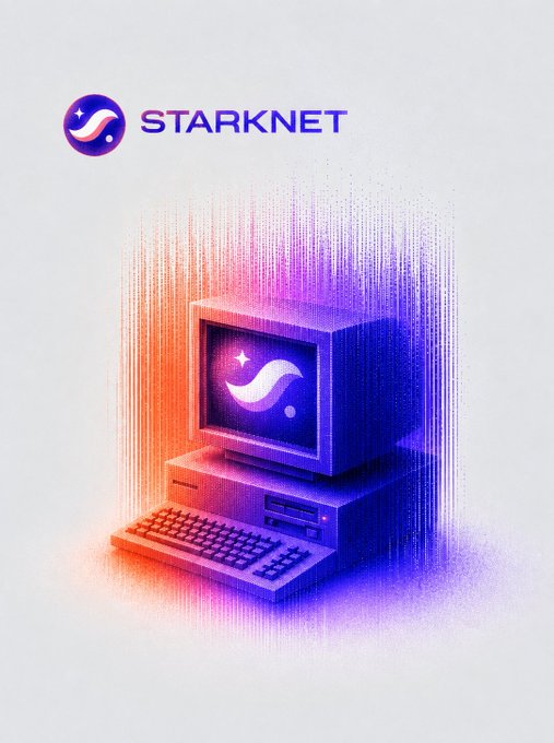 A stylized digital illustration featuring the 'STARKNET' logo and name above a retro computer monitor displaying the project's wave symbol, surrounded by colorful particle effects.