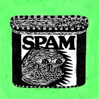 A pixelated, black-and-white illustration of a SPAM can with a creepy face design is set against a bright green background.