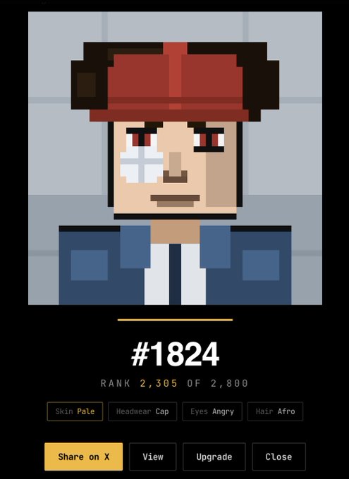 A CryptoPunks profile displaying pixel art character #1824 with attributes 'Skin Pale,' 'Headwear Cap,' 'Eyes Angry,' and 'Hair Afro,' ranked 2,305 of 2,800.
