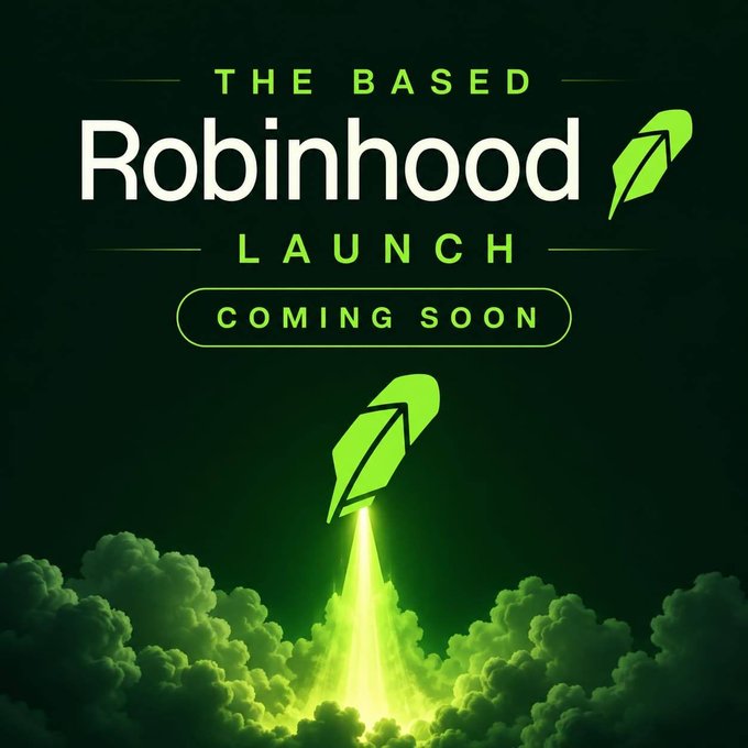 A dark green promotional graphic announces "THE BASED ROBINHOOD LAUNCH" with "COMING SOON" in a rounded button, featuring a stylized rocket blasting off through clouds in bright green tones. The post indicates this is for a token launching Tuesday on Robinhood, with the rocket imagery symbolizing the "something HUGE brewing" and the upward momentum teased in the message.