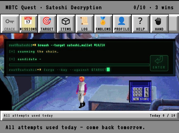 A pixel art game screen titled 'NBTC Quest · Satoshi Decryption' displays a command prompt with 'breach --target satoshi.mallet' and the message 'All attempts used today – come back tomorrow.'