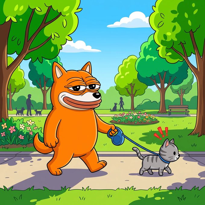 An orange dog character walking a small gray cat on a leash through a sunny park, with other pet owners visible in the background. The image pairs with the "leading the way" caption to humorously depict the Bonk dog mascot taking charge by literally walking a cat, symbolizing community guidance or leadership within the Bonk ecosystem.
