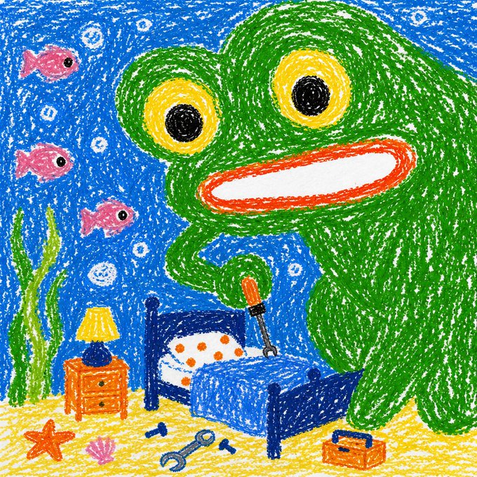 A colorful crayon-style illustration of a green underwater creature standing over a blue bed in a bedroom setting, surrounded by fish, a starfish, a toolbox, and a screwdriver.