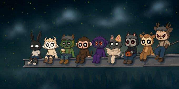 An illustration of various cartoon characters, most with animal features, sitting in a row on a ledge against a starry night sky.