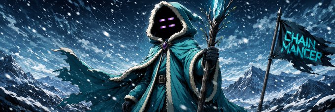 A fantasy digital artwork of a mystical hooded character in a teal fur-lined cloak with glowing purple eyes, holding a staff and a teal flag that reads 'CHAIN MANCER', set against a snowy mountain backdrop.