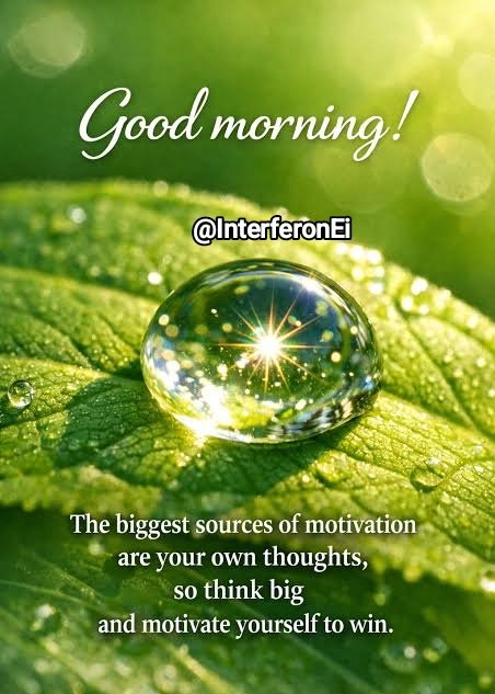 A motivational graphic showing a dewdrop on a green leaf with the text 'Good morning!' at the top, the handle '@InterferonEi' in the middle, and the quote 'The biggest sources of motivation are your own thoughts, so think big and motivate yourself to win' at the bottom.