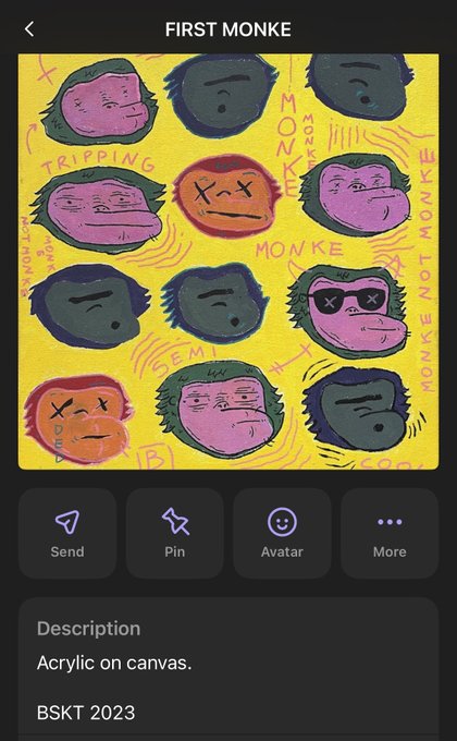 A mobile app screen displays an NFT artwork titled "FIRST MONKE," featuring a colorful acrylic-on-canvas painting of stylized monkey faces with "TRIPPING" and "MONKE" text, marked as BSKT 2023.
