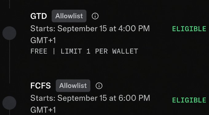 A mobile app screen shows two event schedules labeled 'GTD Allowlist' starting at 4:00 PM and 'FCFS Allowlist' starting at 6:00 PM on September 15, both marked 'ELIGIBLE'.