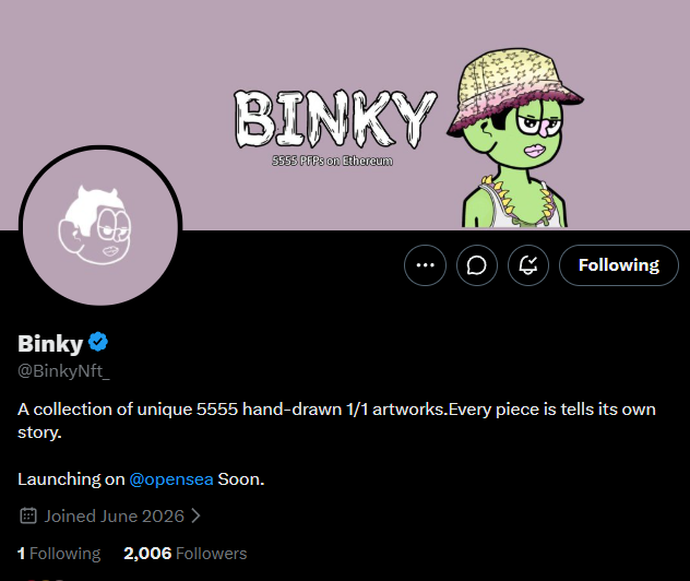 The image shows the Twitter/X profile of "Binky" (@BinkyNft_), a verified account with 2,006 followers featuring a hand-drawn green character PFP wearing a bucket hat, advertising a collection of 5,555 unique 1/1 hand-drawn artworks launching on @opensea. The post highlights early alpha details including the ETH chain, TBA pricing, and a limited whitelist form, directly matching the profile's branding and launch announcement.